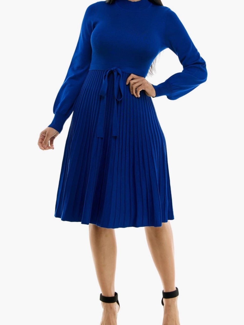 Nina Leonard Blue Mock Neck Pleated Sweater Dress Tie Waist Long Sleeve